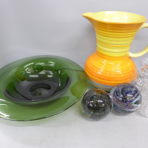 2067 - A large green glass bowl, a Shelley jug, a Martini cocktail shaker, two glass paperweights, glass fr... 