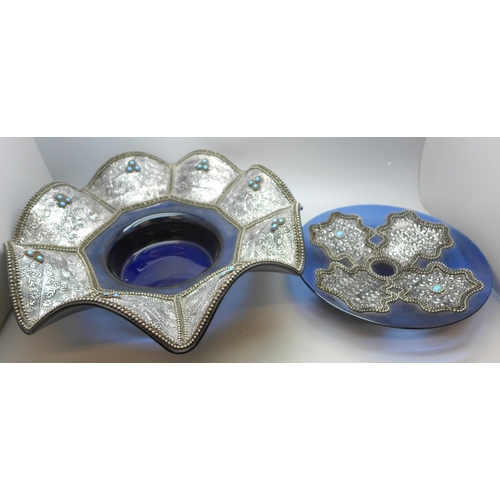 2068 - A decorative Turkish bowl and plate with silver plated design