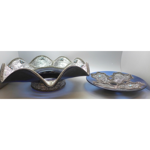2068 - A decorative Turkish bowl and plate with silver plated design
