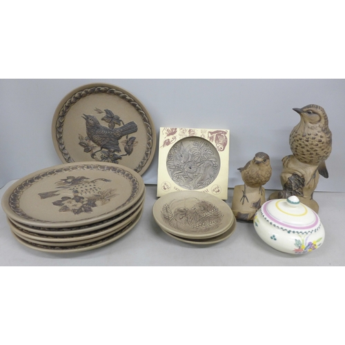 2071 - A collection of Poole pottery including two bird figures and a lidded pot
