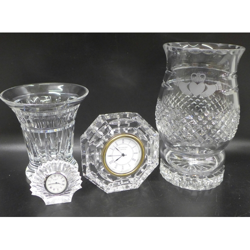 2075 - Two Waterford crystal clocks, a Waterford vase and a Galway glass hurricane lamp