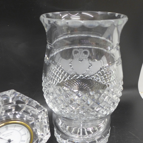 2075 - Two Waterford crystal clocks, a Waterford vase and a Galway glass hurricane lamp