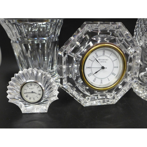 2075 - Two Waterford crystal clocks, a Waterford vase and a Galway glass hurricane lamp