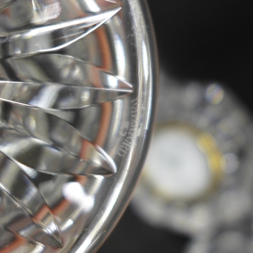2075 - Two Waterford crystal clocks, a Waterford vase and a Galway glass hurricane lamp