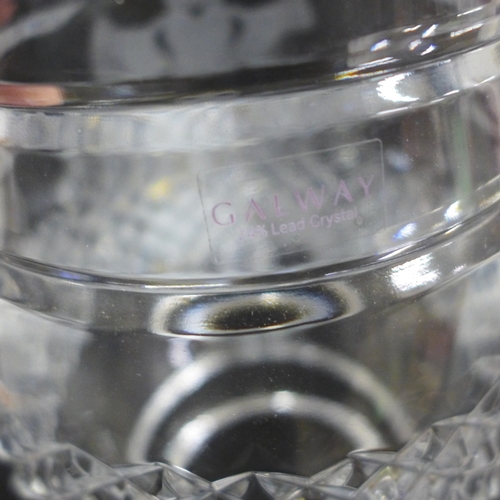 2075 - Two Waterford crystal clocks, a Waterford vase and a Galway glass hurricane lamp