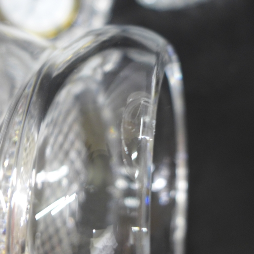 2075 - Two Waterford crystal clocks, a Waterford vase and a Galway glass hurricane lamp