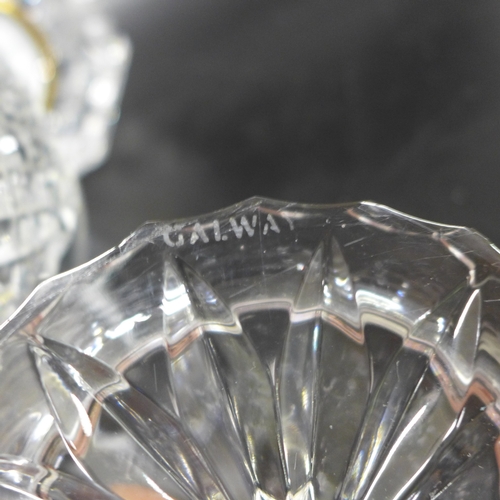 2075 - Two Waterford crystal clocks, a Waterford vase and a Galway glass hurricane lamp