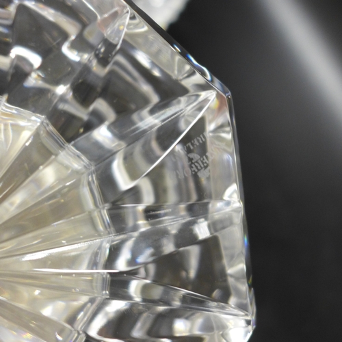 2075 - Two Waterford crystal clocks, a Waterford vase and a Galway glass hurricane lamp