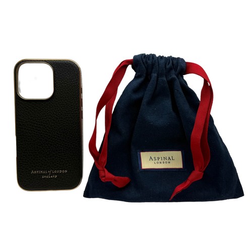 7107 - An Aspinal London black leather and gold tone iPhone 16 Pro case, BR3624, with bag
