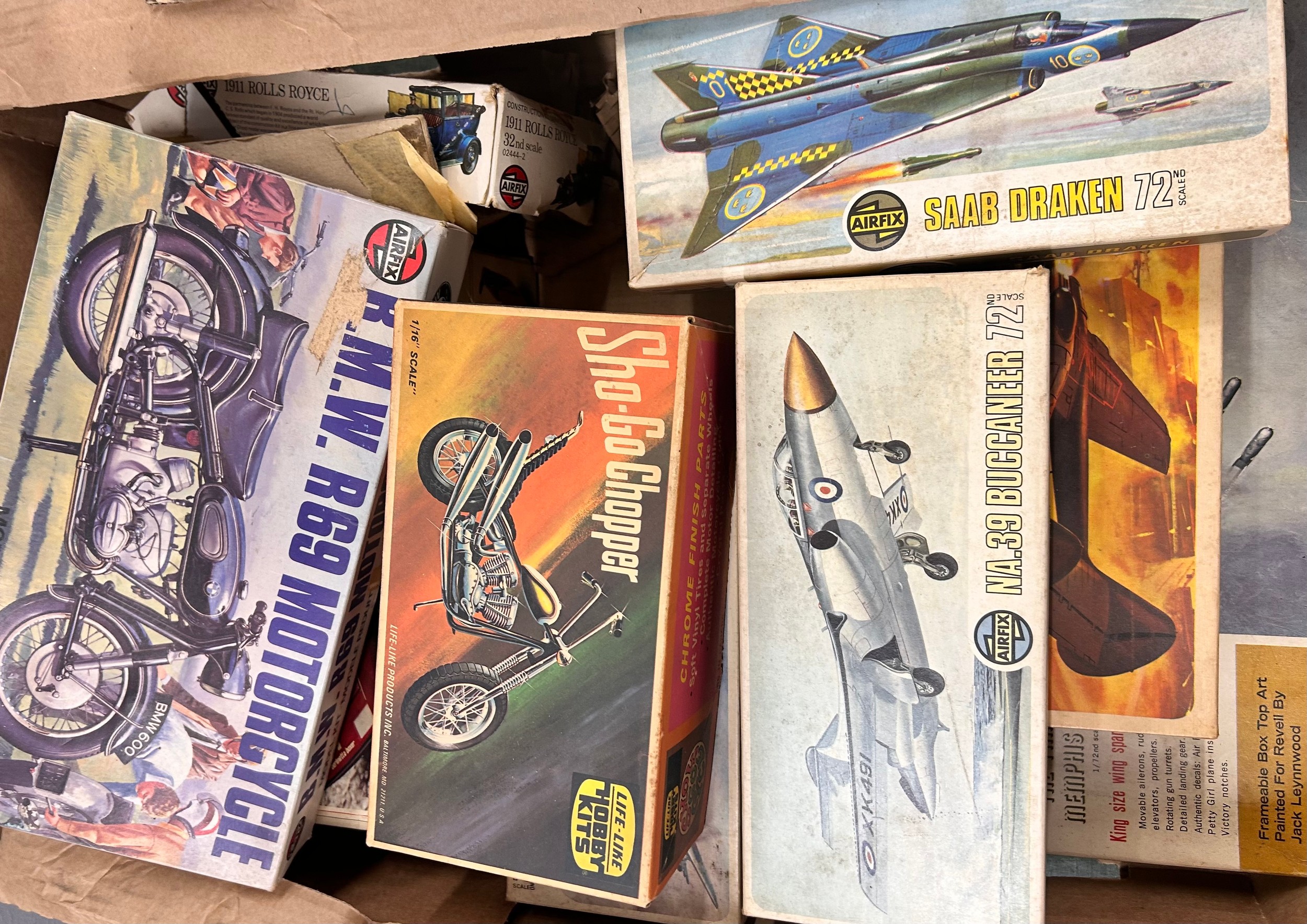 A collection of model boxes, empty boxes, and a part model truck, (part ...