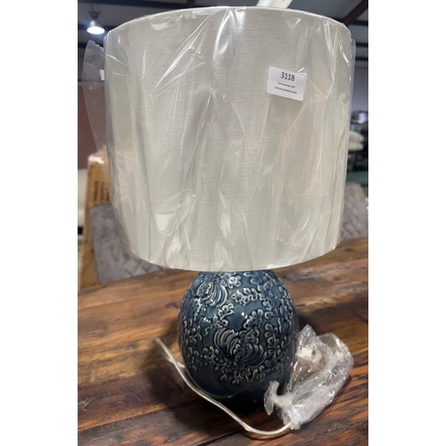 3066 - A blue floral pattern table lamp with white shade