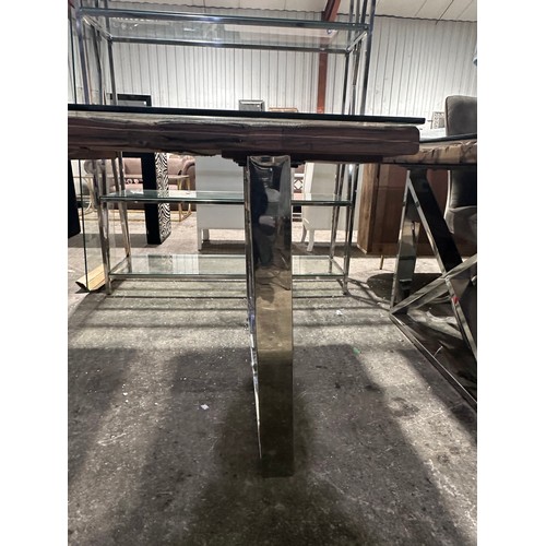 3071 - A 220cm glass topped railway sleeper dining table with chrome base  *This lot is subject to VAT