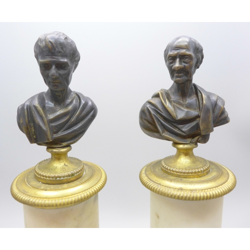 2010 - A pair of early 20th century bronze busts on brass mounted alabaster columns, 17.5cm