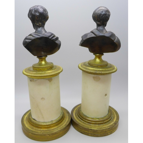 2010 - A pair of early 20th century bronze busts on brass mounted alabaster columns, 17.5cm