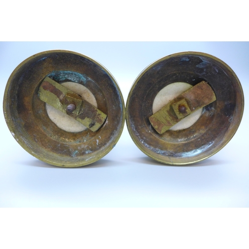2010 - A pair of early 20th century bronze busts on brass mounted alabaster columns, 17.5cm