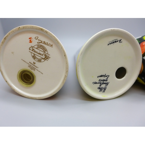 2036 - Three Art Deco style conical sugar shakers, including one Wedgwood Clarice Cliff Centenary and one C... 