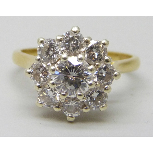 7074C - A vintage 18ct gold diamond cluster ring, diamond weight 1.3 carat (estimated), hallmarked Birmingha...