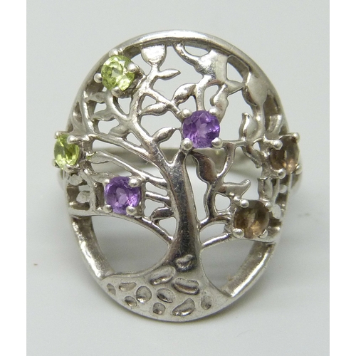 7123 - A silver Tree of Life ring set with peridot, amethyst and smoky quartz, S