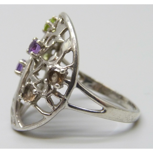 7123 - A silver Tree of Life ring set with peridot, amethyst and smoky quartz, S