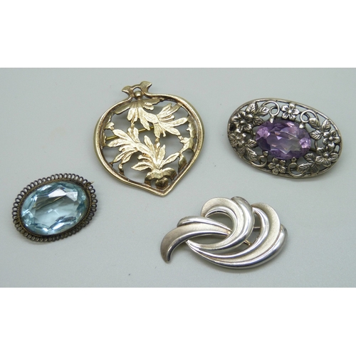 7132 - Two silver brooches, an Andreas Daub German silver brooch, 19g total, and an unmarked paste stone br... 