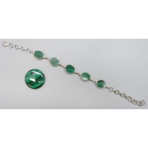 7151 - A 24.44ct malachite and silver bracelet, 20cm, and a Congo malachite 46.50ct 25 x 25mm pendant