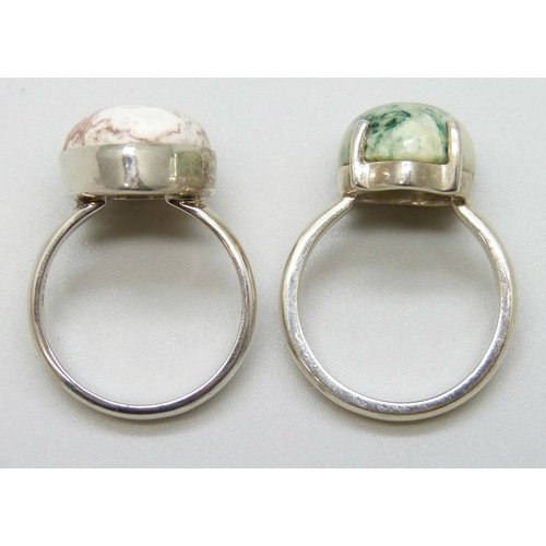7160 - Two silver rings including rosetta jasper 9.86ct pear shape 18 x 13mm, and Siberian mariposite 8.59c... 