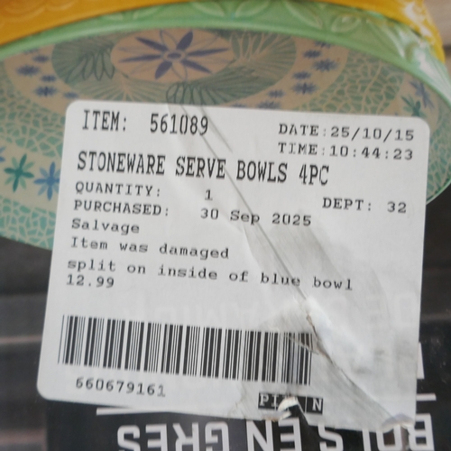 6020 - A four piece colourful stoneware serve bowls set (Crack to blue bowl)  (376-55) *This lot is subject... 