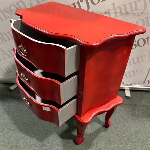 3050 - A red French style three drawer cabinet