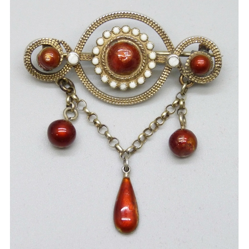 7091 - Scandinavian jewellery, a Marius Hammer Norwegian .930 silver and enamel drop brooch, a/f, repair to... 