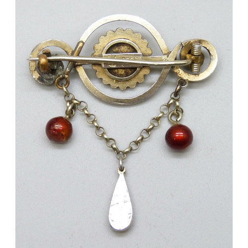 7091 - Scandinavian jewellery, a Marius Hammer Norwegian .930 silver and enamel drop brooch, a/f, repair to... 