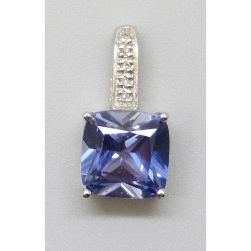 7114 - A 9ct gold, sapphire (possibly synthetic) and diamond pendant, 1.2g, 1.5cm including bail