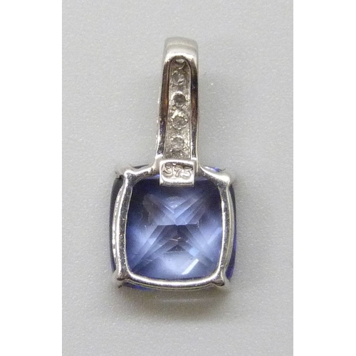 7114 - A 9ct gold, sapphire (possibly synthetic) and diamond pendant, 1.2g, 1.5cm including bail