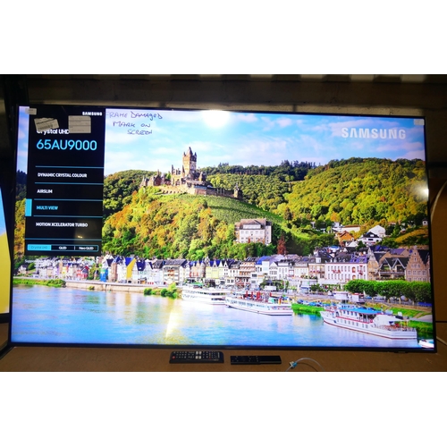 6219 - A Samsung 65” Crystal UHD 4K television with remotes - model no - 65AU9000 (Frame damage/mark on scr... 