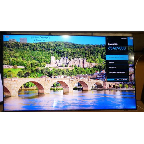 6219 - A Samsung 65” Crystal UHD 4K television with remotes - model no - 65AU9000 (Frame damage/mark on scr... 