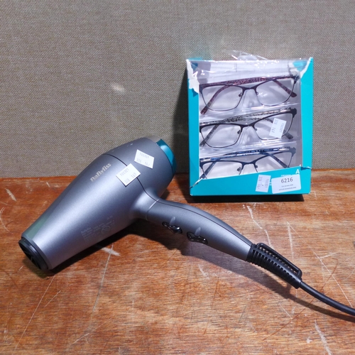 6216 - A Babyliss Italian hair dryer and three FGX reading glasses, (378-145) *This lot is subject to VAT