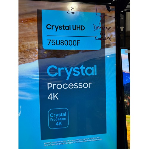 6220 - A Samsung 75” Crystal UHD 4K television with remotes - model no - UE65AU9000KXXU (damage to corner/l... 