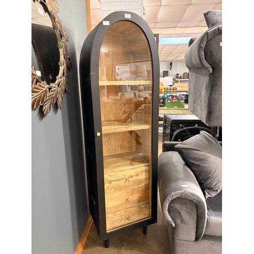 3284 - An Atomic black single door mango wood and glass cabinet    * This lot is subject to VAT