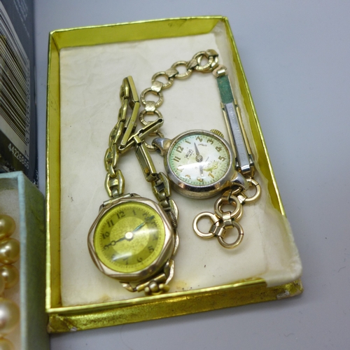 2021 - A collection of costume jewellery, mainly gold tone, and three lady’s wristwatches