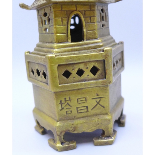 2038 - A brass model of a Wenchang pagoda, 19cm