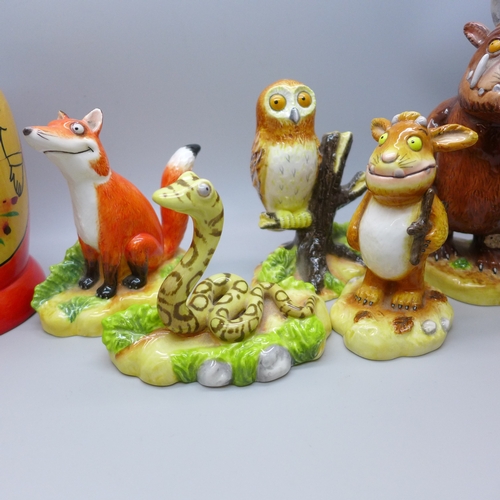 2042 - A collection of six Beswick The Gruffalo figures and a Russian doll, (one Gruffalo figure a/f)