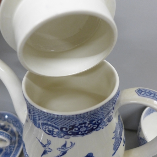 2072 - A Wedgwood Willow pattern coffee service, pot, six cups and saucers, milk jug and sugar bowl