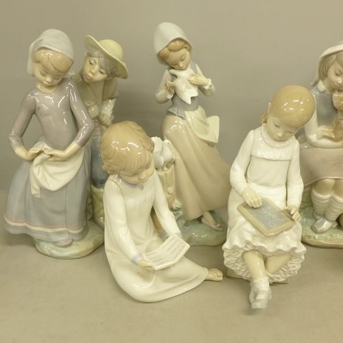 2083 - Six Lladro figures, two Nao figures of children and a Nao geese figure group, (9 in total)