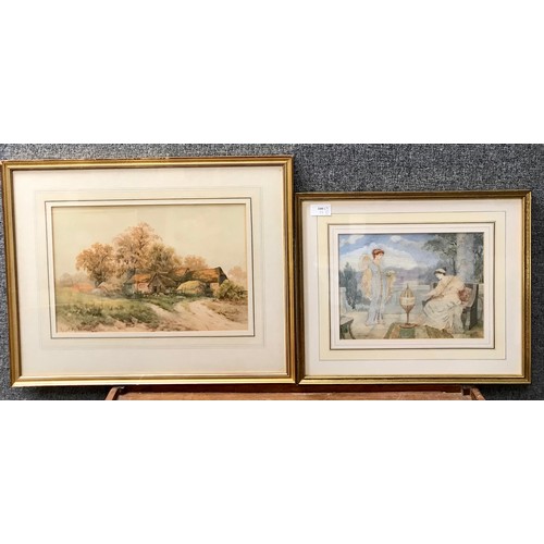 300 - Robert Anderson, farming landscape with a barn beside a country lane, watercolour and a Pre-Raphaeli... 