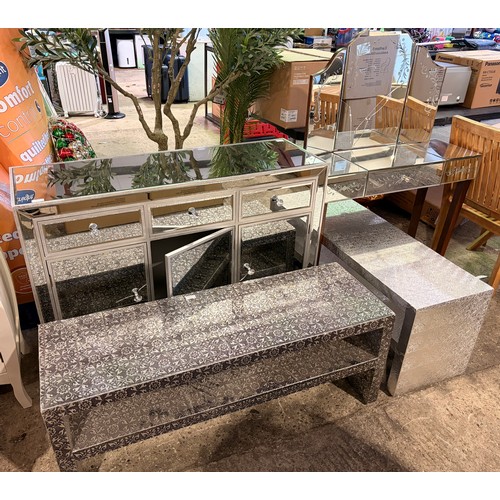 3039 - Four mixed style items including, mirrored sideboard, dressing table and two media units