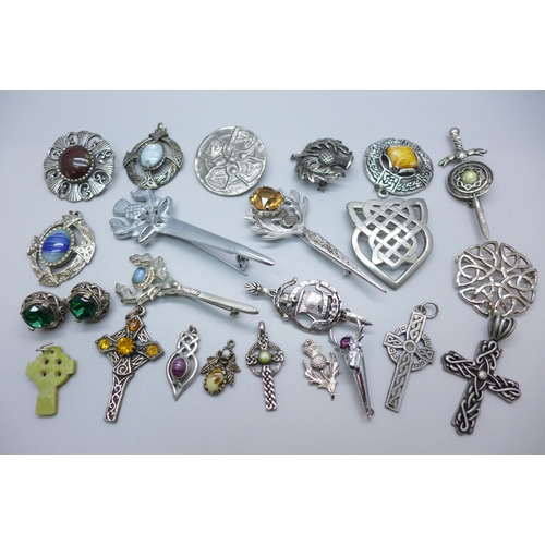 7169 - Eleven Scottish costume brooches, eleven pendants, and a pair of earrings