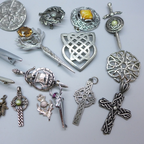 7169 - Eleven Scottish costume brooches, eleven pendants, and a pair of earrings