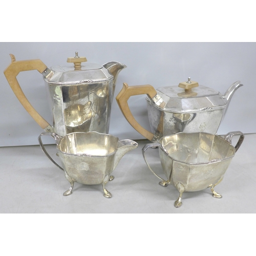 7275 - An Art Deco four piece silver tea service - a tea pot, a coffee pot, a milk jug, and a sugar bowl, a...