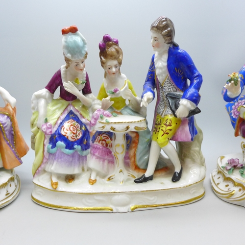 2022 - A pair of figures, seated lady and gentleman with gold anchor marks and one other continental figure... 