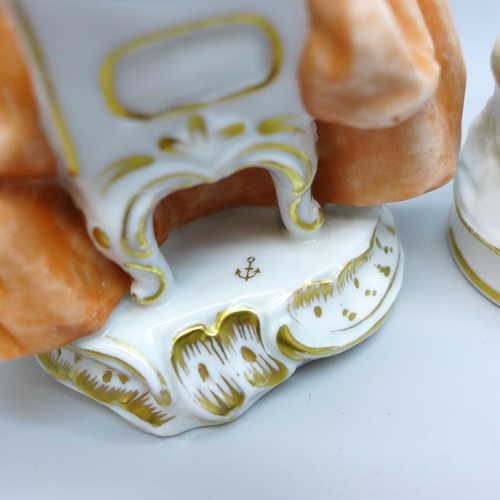 2022 - A pair of figures, seated lady and gentleman with gold anchor marks and one other continental figure... 