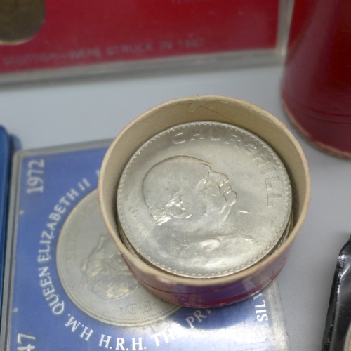 2184 - A collection of commemorative crowns, two coin sets and a Britain's first decimal coin set